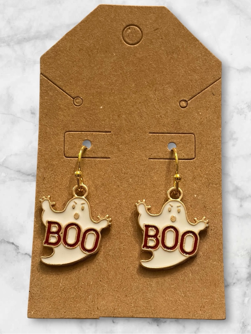Halloween 'BOO' Ghost Dangle Earrings - White and Red